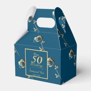 "Our 50th Wedding Anniversary" Blue&Pale Gold Rose Favor Boxes