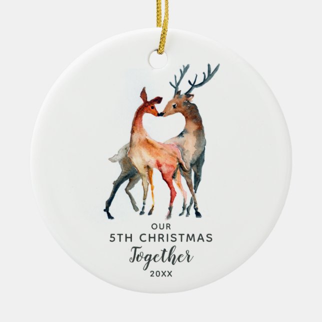Our 5th Christmas Together Customizable Year Deer Ceramic Ornament (Front)