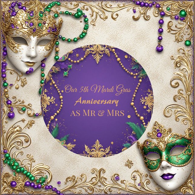 Our 5th Mardi Gras Anniversary Mr and Mrs Festive Classic Round Sticker (Our 5th Mardi Gras Anniversary Mr and Mrs Festive Classic Round Sticker)