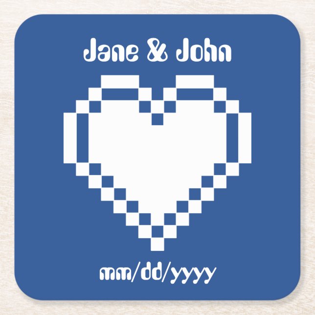 Our 8-Bit Hearts in Blue Paper Coaster (Front)