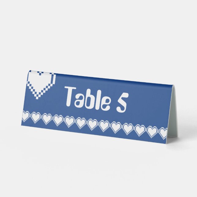 Our 8-Bit Hearts in Blue Table Tent Sign (Front)