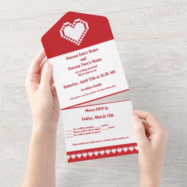 Our 8-bit Hearts in Cherry All In One Invitation (Tearaway)