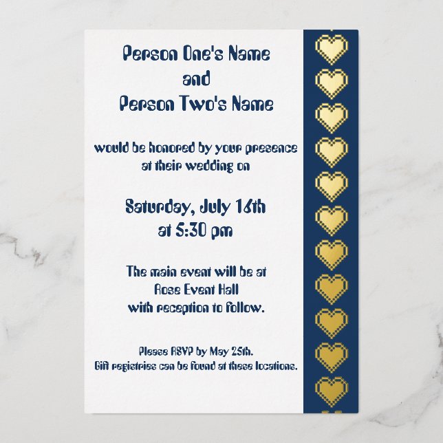 Our 8-Bit Hearts in Navy Foil Invitation (Front)