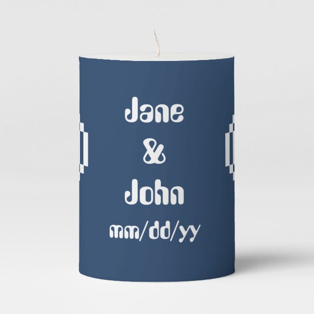 Our 8-Bit Hearts in Navy  Pillar Candle (Front)