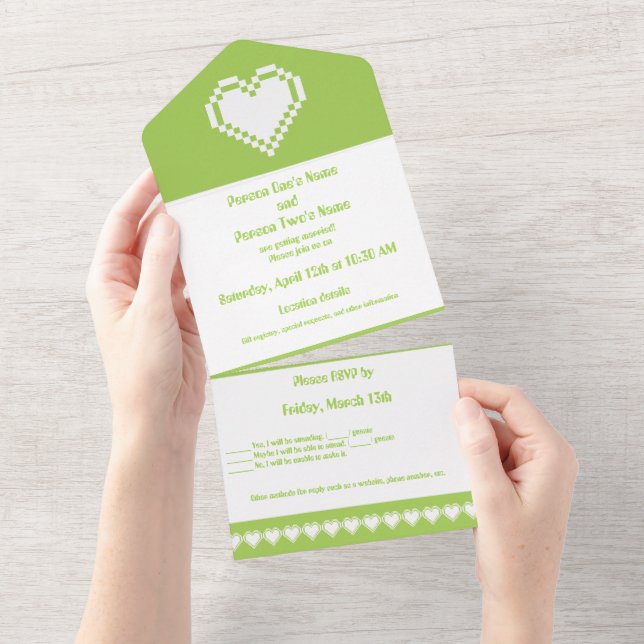 Our 8-bit Hearts in Peridot All In One Invitation (Tearaway)