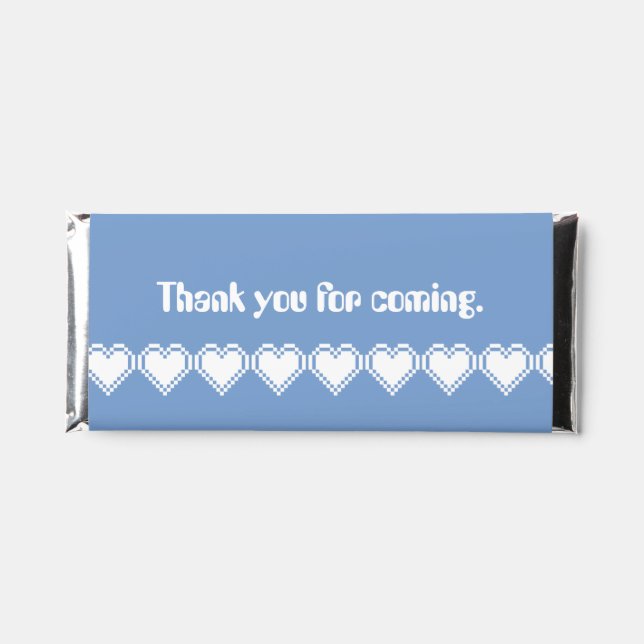 Our 8-Bit Hearts in Periwinkle Hershey Bar Favors (Front)