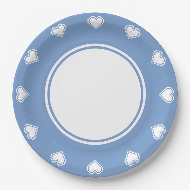 Our 8-Bit Hearts in Periwinkle Paper Plate (Front)