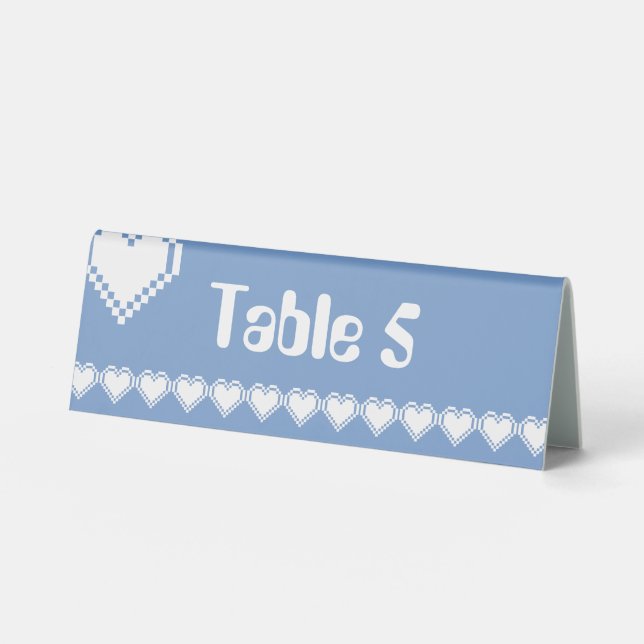 Our 8-Bit Hearts in Periwinkle Table Tent Sign (Front)