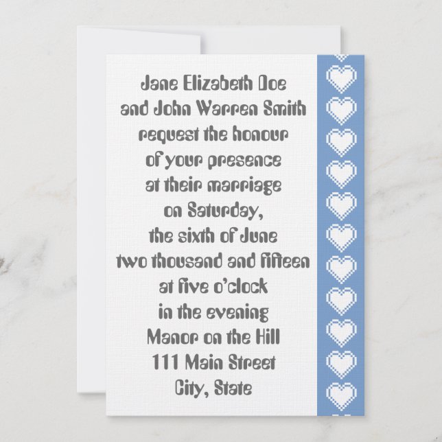 Our 8-Bit Hearts in Periwinkle Wedding Invitation (Front)