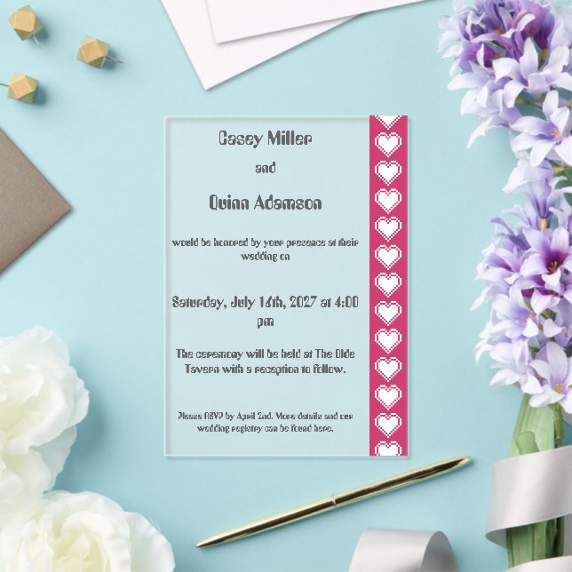 Our 8-Bit Hearts in Raspberry Acrylic Wedding  Invitations (Insitu (Wedding))