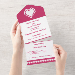 Our 8-bit Hearts in Raspberry All In One Invitation