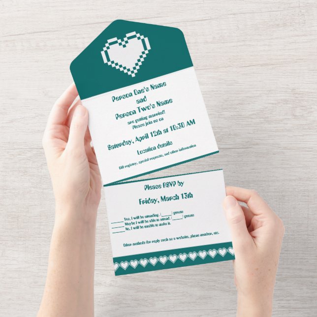 Our 8-bit Hearts in Teal All In One Invitation (Tearaway)