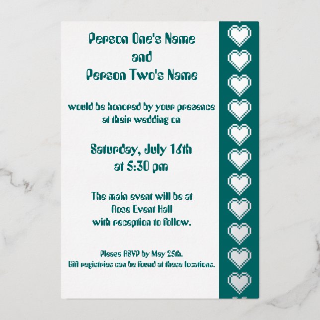 Our 8-Bit Hearts in Teal Foil Invitation (Front)