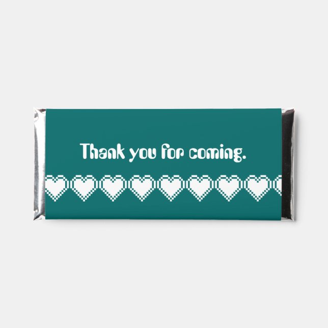 Our 8-Bit Hearts in Teal Hershey Bar Favors (Front)