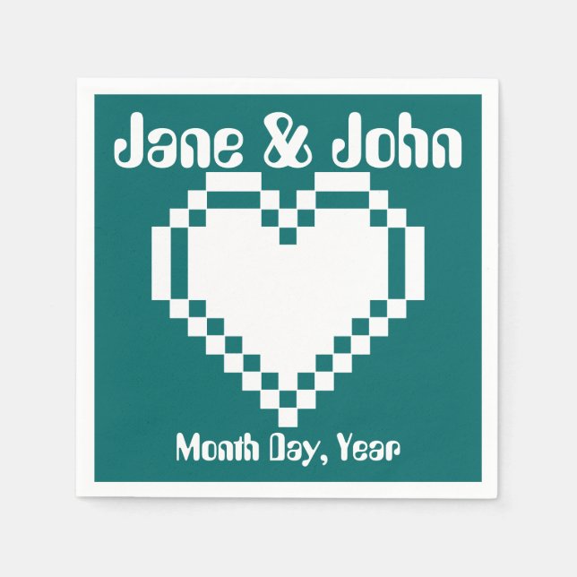 Our 8-Bit Hearts in Teal Napkins (Front)