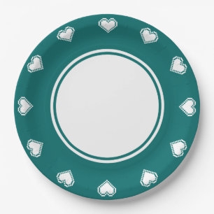Our 8-Bit Hearts in Teal Paper Plate