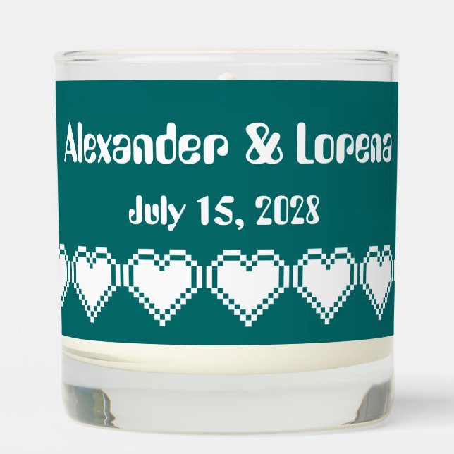 Our 8-Bit Hearts in Teal Scented Candle (Front)