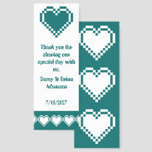 Our 8-Bit Hearts in Teal Wedding Favor Bookmarks