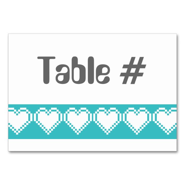 Our 8-Bit Hearts in Turquoise Table Card (Front)