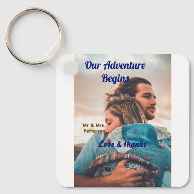 Our adventure begins add couple photo love &thanks keychain (Front)