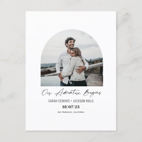 Our adventure begins Arched photo save the date Announcement Postcard