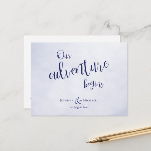 Our adventure begins blue typographic wedding announcement postcard
