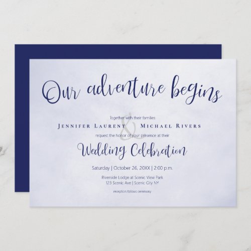 Our adventure begins blue typographic wedding invitation