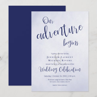 Our adventure begins blue typographic wedding invitation