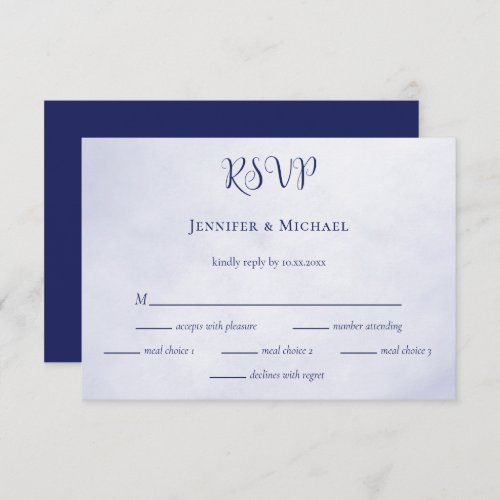Our adventure begins blue typographic wedding RSVP card