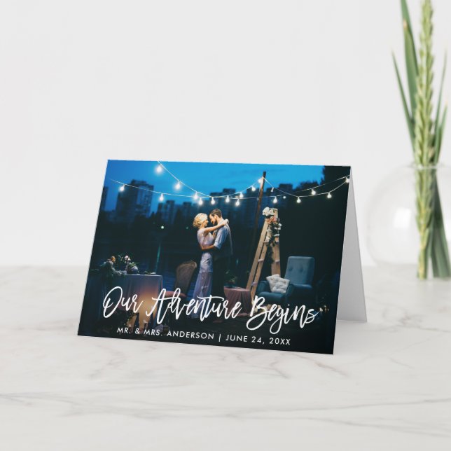Our Adventure Begins Brush Script Wedding Fold Letterpress Thank You Card (Front)