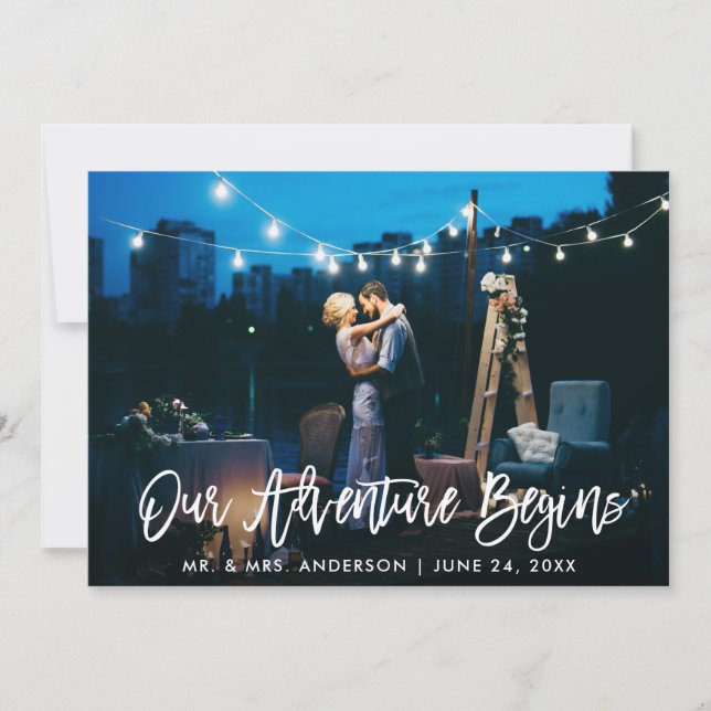 Our Adventure Begins Brush Script Wedding Thank You Card (Front)
