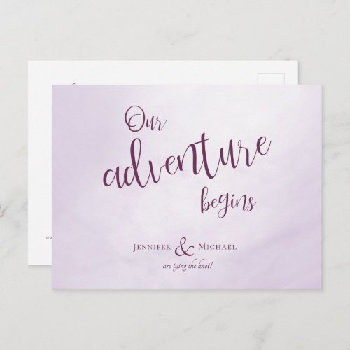 Our adventure begins calligraphy plum wedding announcement postcard