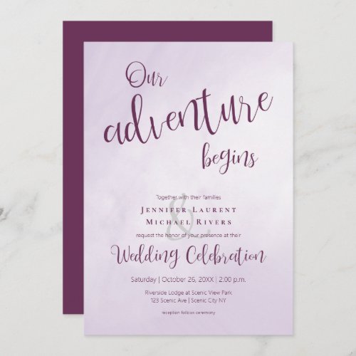 Our adventure begins calligraphy plum wedding invitation