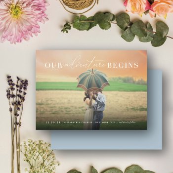 Our Adventure Begins Classic Script Stylish Photo Save The Date by fatfatin_blue_knot at Zazzle