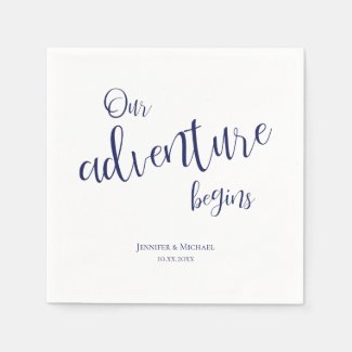 Our adventure begins dark blue typography wedding napkins