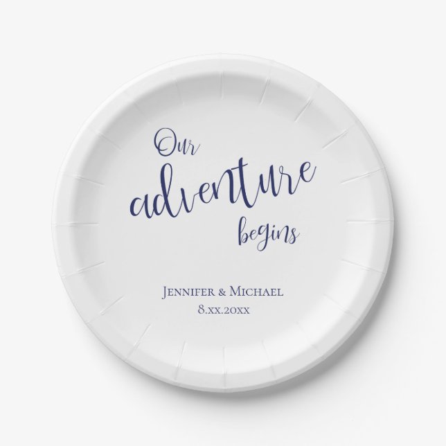 Our adventure begins dark blue typography wedding paper plates (Front)