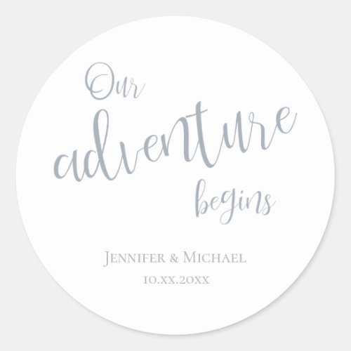 Our adventure begins dusty blue typography wedding classic round sticker