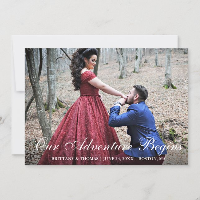 Our Adventure Begins Engagement Couple Photo Announcement (Front)