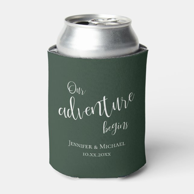 Our adventure begins evergreen any color wedding can cooler (Can Front)