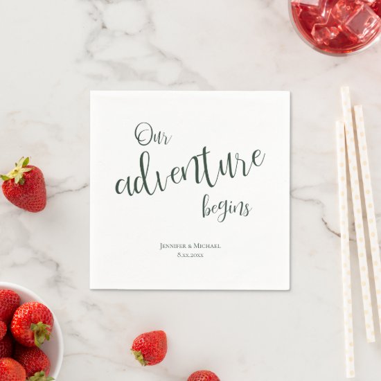 Our adventure begins evergreen typography wedding napkin