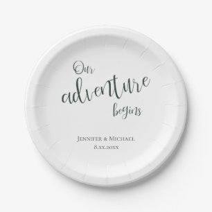 Our adventure begins evergreen typography wedding paper plates
