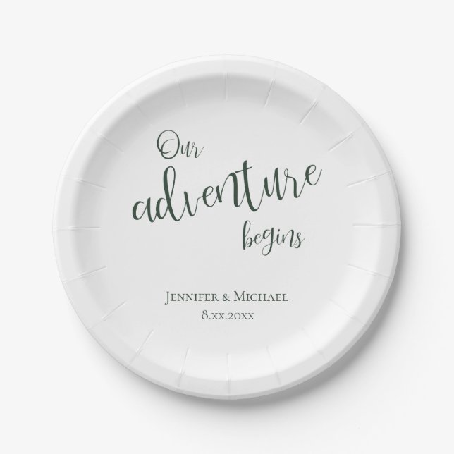 Our adventure begins evergreen typography wedding paper plates (Front)