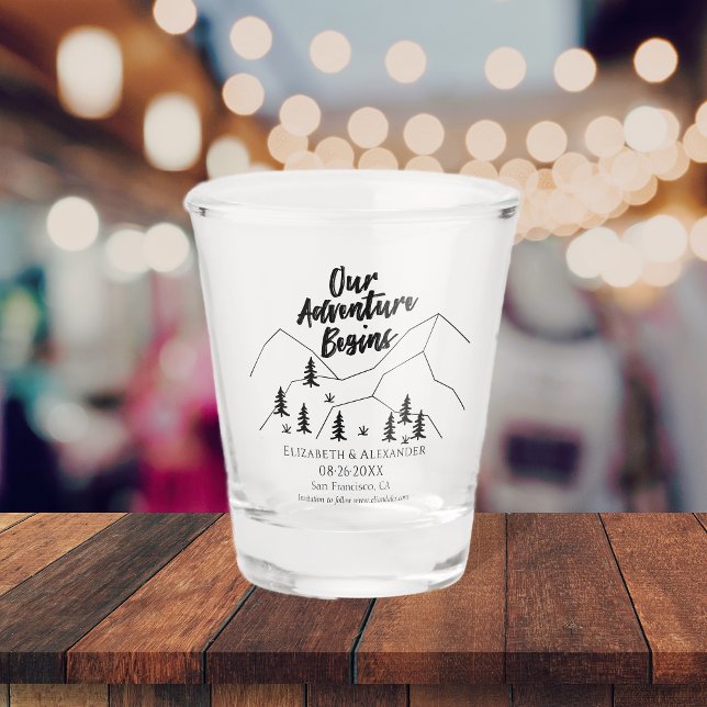 Our Adventure Begins Forest Wedding Save The Date Shot Glass (Creator Uploaded)