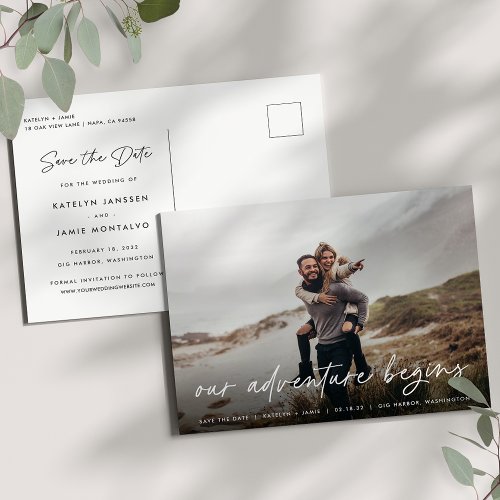 Our Adventure Begins  Full Photo Save the Date Announcement Postcard