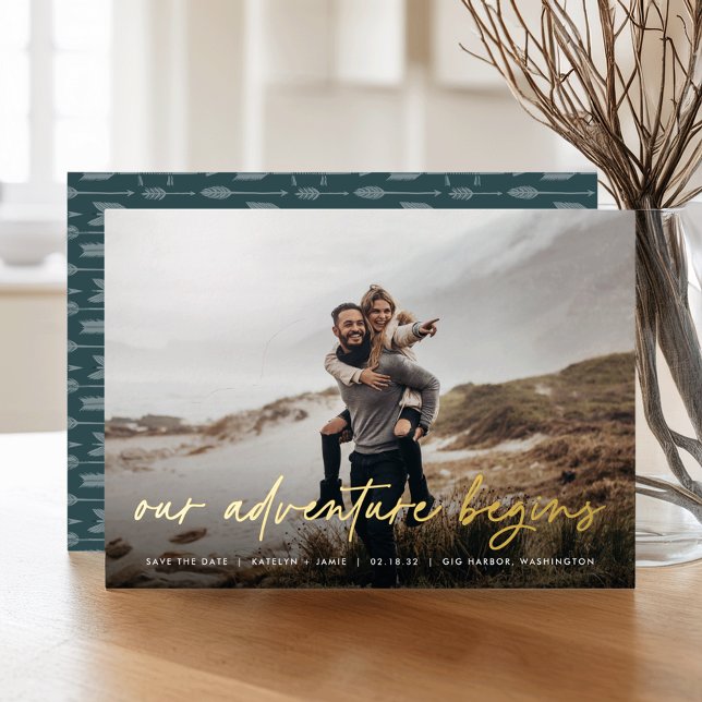 Our Adventure Begins | Full Photo Save the Date Foil Invitation (Creator Uploaded)