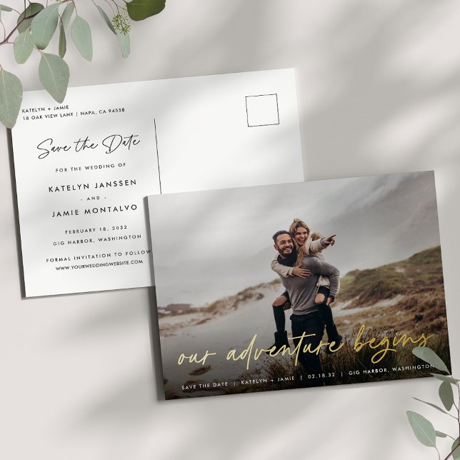 Our Adventure Begins | Full Photo Save the Date Foil Invitation Postcard (Creator Uploaded)