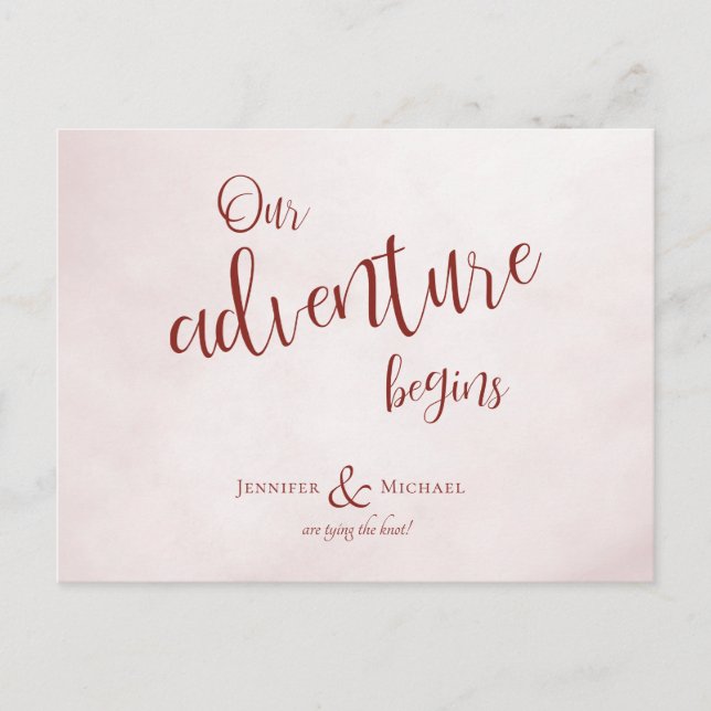 Our adventure begins maroon calligraphy wedding announcement postcard (Front)