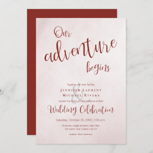 Our adventure begins maroon calligraphy wedding invitation