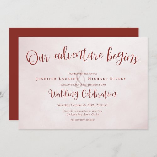 Our adventure begins maroon calligraphy wedding invitation