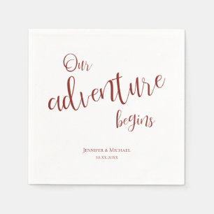 Our adventure begins maroon typography wedding napkins